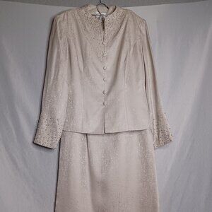 Adrianna Papell Skirt Suit Silk 2pc Womens 10 Beige/Silver Faux Pearl Beaded